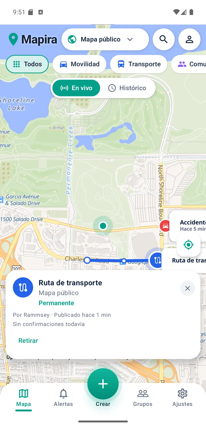 Mapira: mapa con una ruta de transporte seleccionada